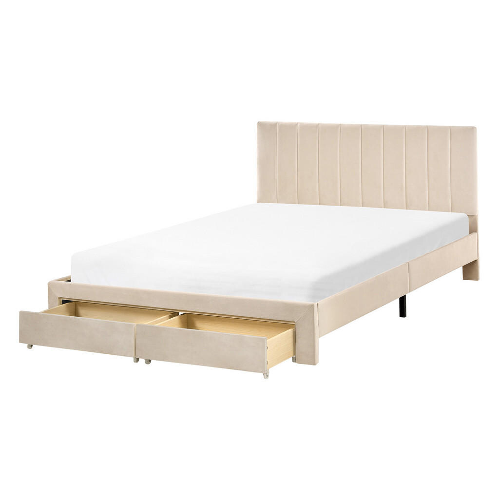 Beliani POSTEL s zásuvkami 140/200 cm Sametová látka Béžová Lonzac