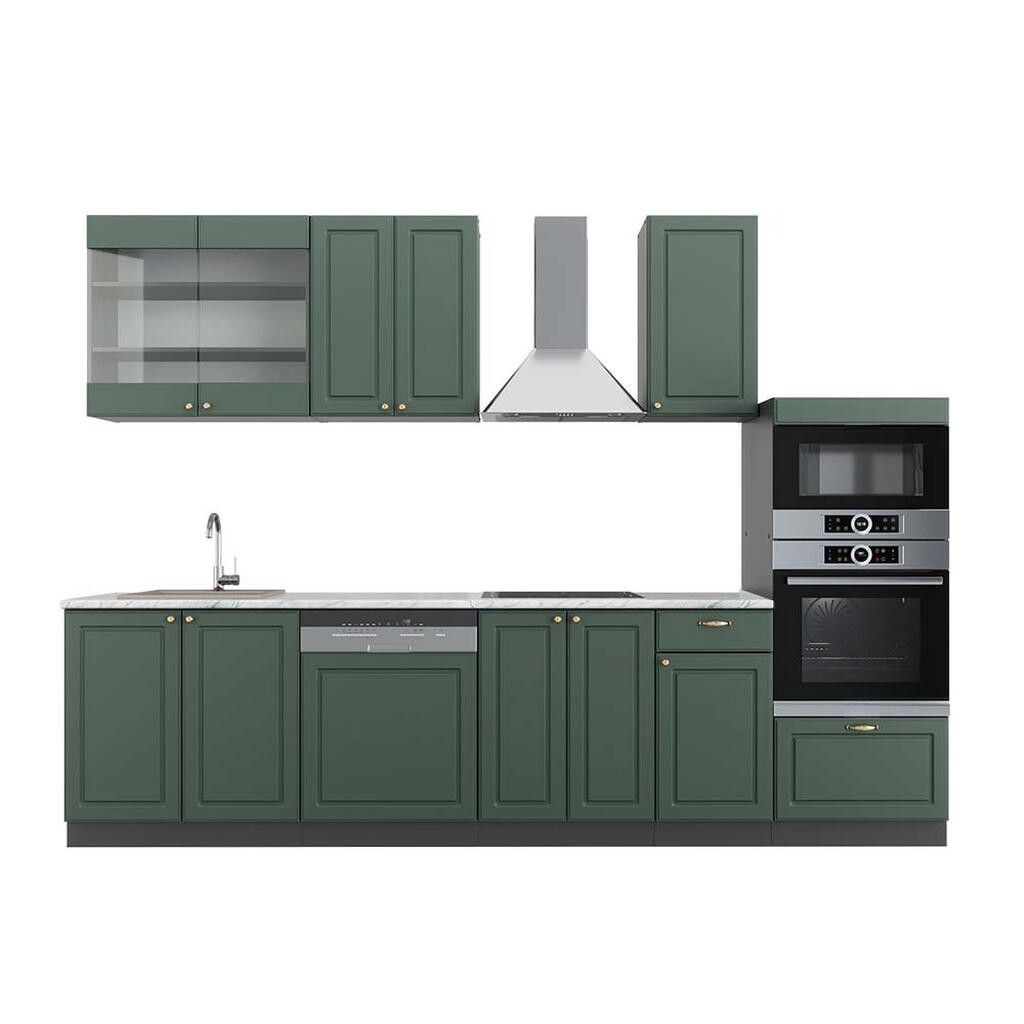 Vicco KUCHYŇSKÝ KOUT Fame-Line Zeleno-zlatá Country House/Anthracite 300 cm s vysokou skříní, PD Mramor