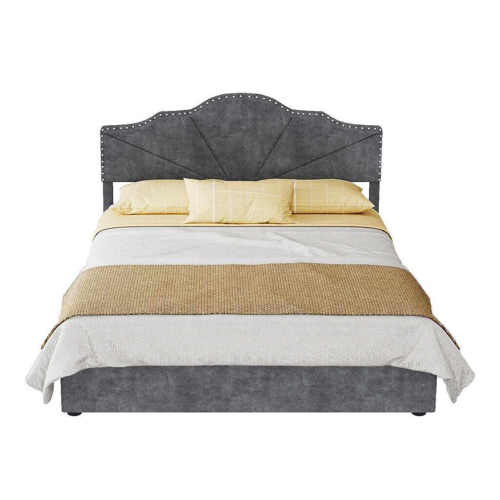 OKWISH ČALOUNĚNÁ postel 140/200 cm šedá z látky a kovu s geometrickým čelem a úložným prostorem
