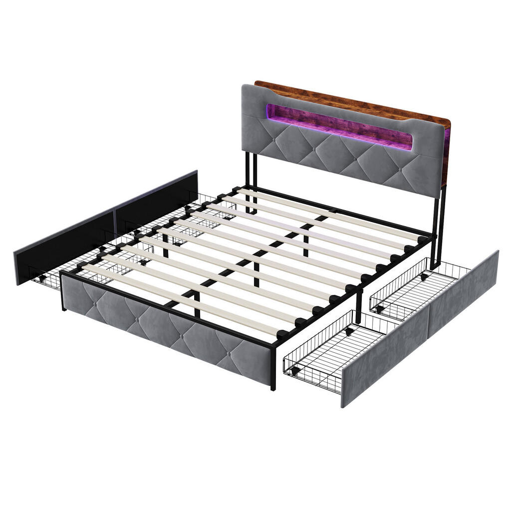 EuroLiving ČALOUNĚNÁ postel 160x200 cm šedá se 4 zásuvkami, LED osvětlením, úložným prostorem, čelem s USB a Type-C