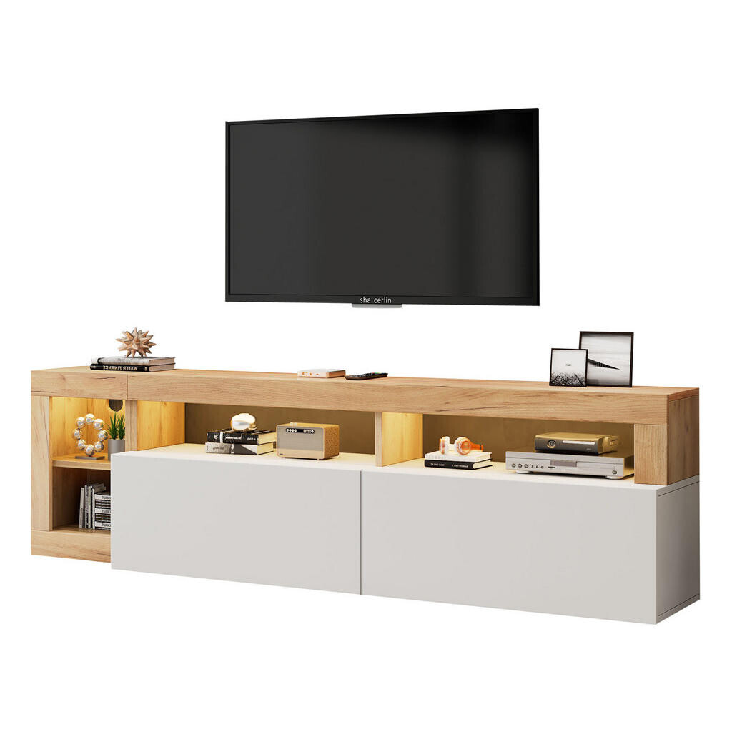 OKWISH TV stolek 184/42/58 cm bílý z dřevotřísky s LED osvětlením a úložným prostorem