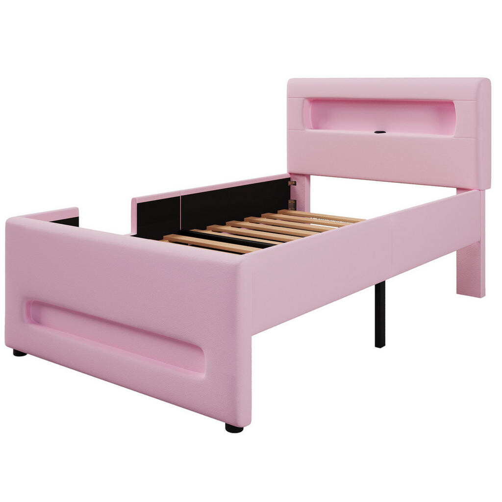 OKWISH ČALOUNĚNÁ postel 90/200 cm růžová z PU a MDF s LED osvětlením a úložnou zásuvkou