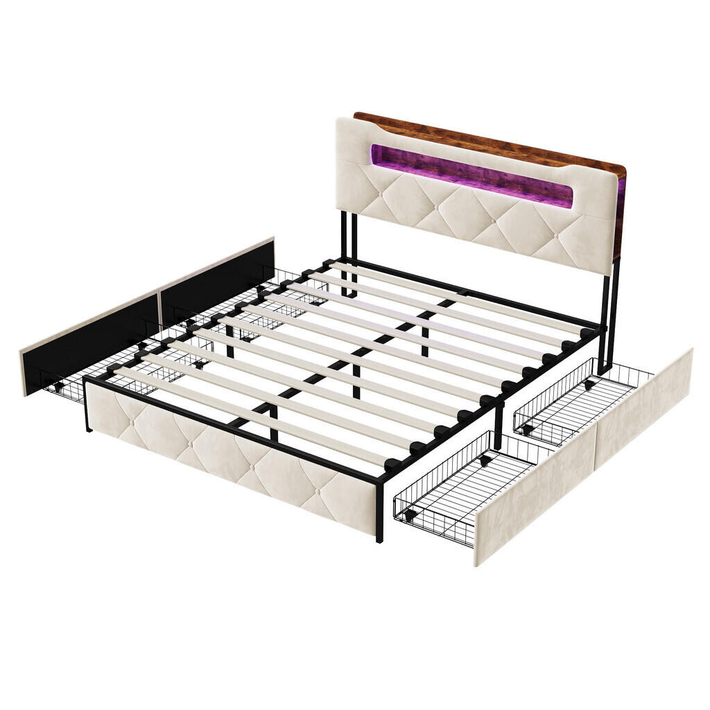 EuroLiving ČALOUNĚNÁ postel 160x200 cm béžová se 4 zásuvkami, LED osvětlením, úložným prostorem, čelem s USB a Type-C