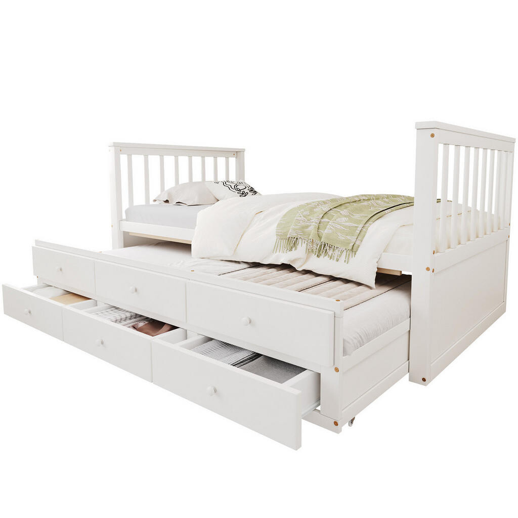 OKWISH JEDNOLŮŽKOVÁ postel 90/200 cm bílá z borovice s výsuvným lůžkem a 3 zásuvkami