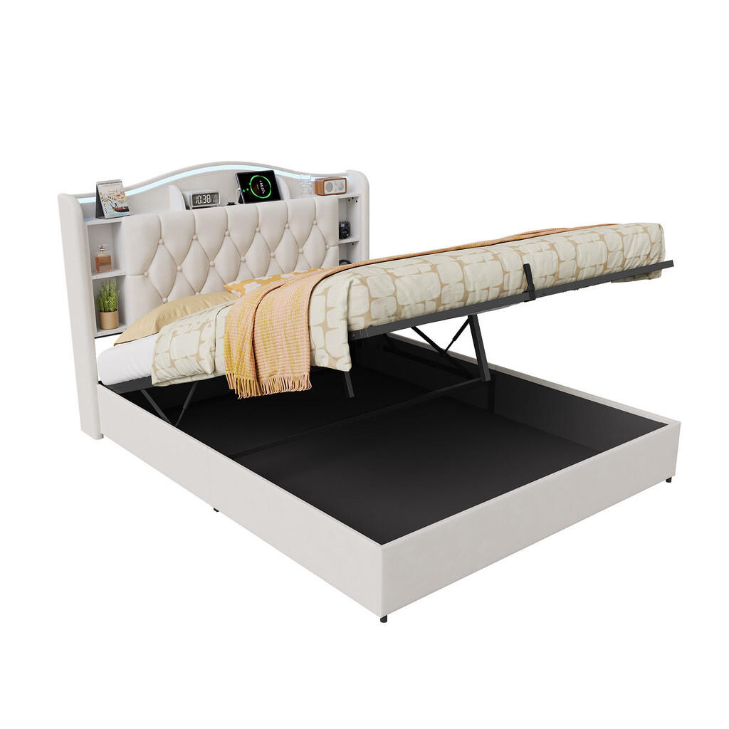 EuroLiving ČALOUNĚNÁ postel 140x200 cm s úložným boxem, LED a USB, manželská postel s čelem, úložným prostorem a bezdrátovým nabíjením, béžová