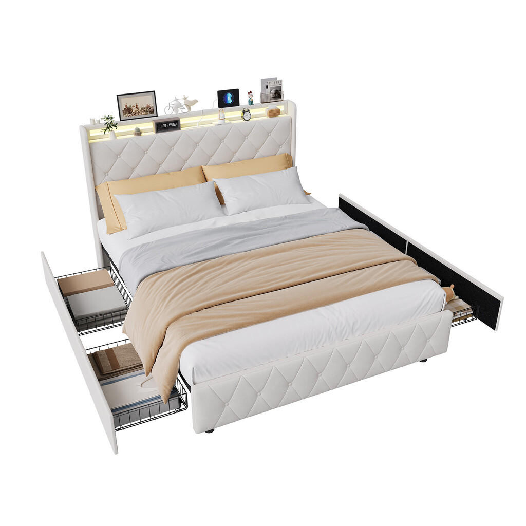 EuroLiving ČALOUNĚNÁ postel 160x200 cm se 4 zásuvkami, LED, USB a Type-C, čelo pro manželskou postel a lamelový rošt, béžová