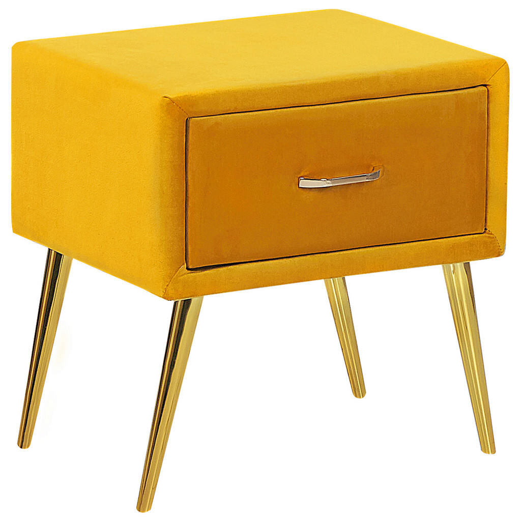 Beliani NOČNÍ STOLEK Sametová látka žlutý/zlatý 1 Zásuvka 38/46/49 cm Flayat