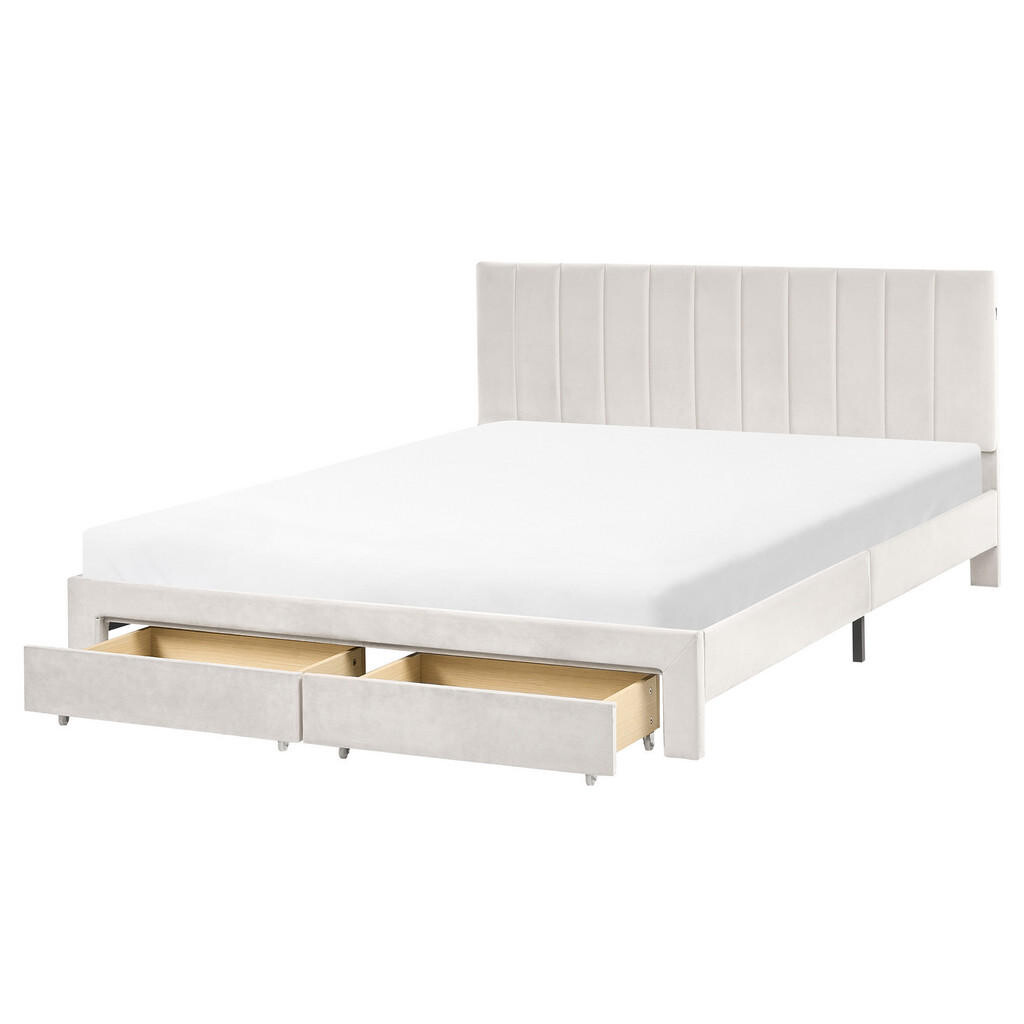 Beliani POSTEL s zásuvkami 160/200 cm Sametová látka Krémově bílá Lonzac