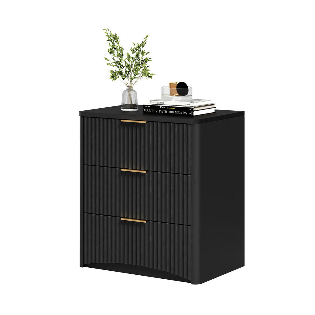 OKWISH NOČNÍ stolek 58/38/64 cm černý z MDF se 3 zásuvkami a tichým dovíráním