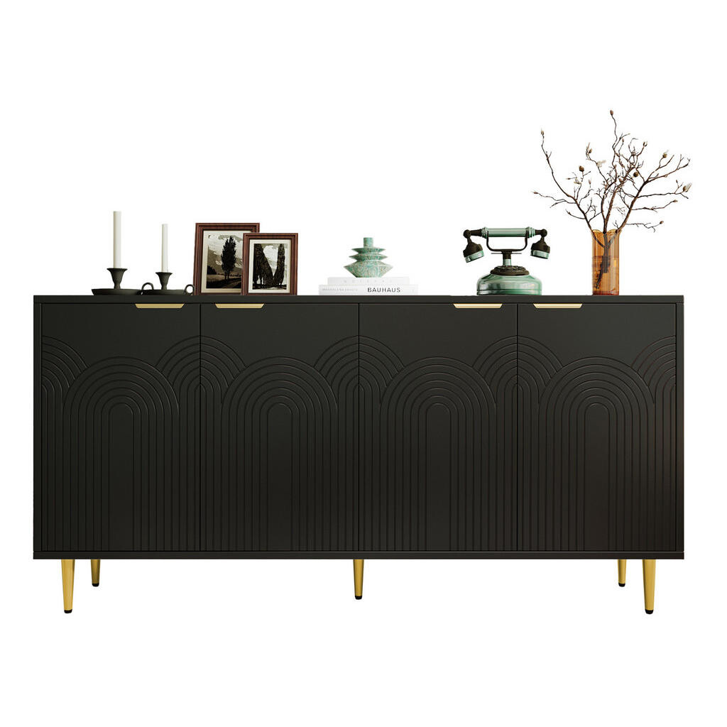 OKWISH KOMODA 160/40/80 cm černá z MDF a dřevotřísky se 4 dvířky a zlatými úchyty