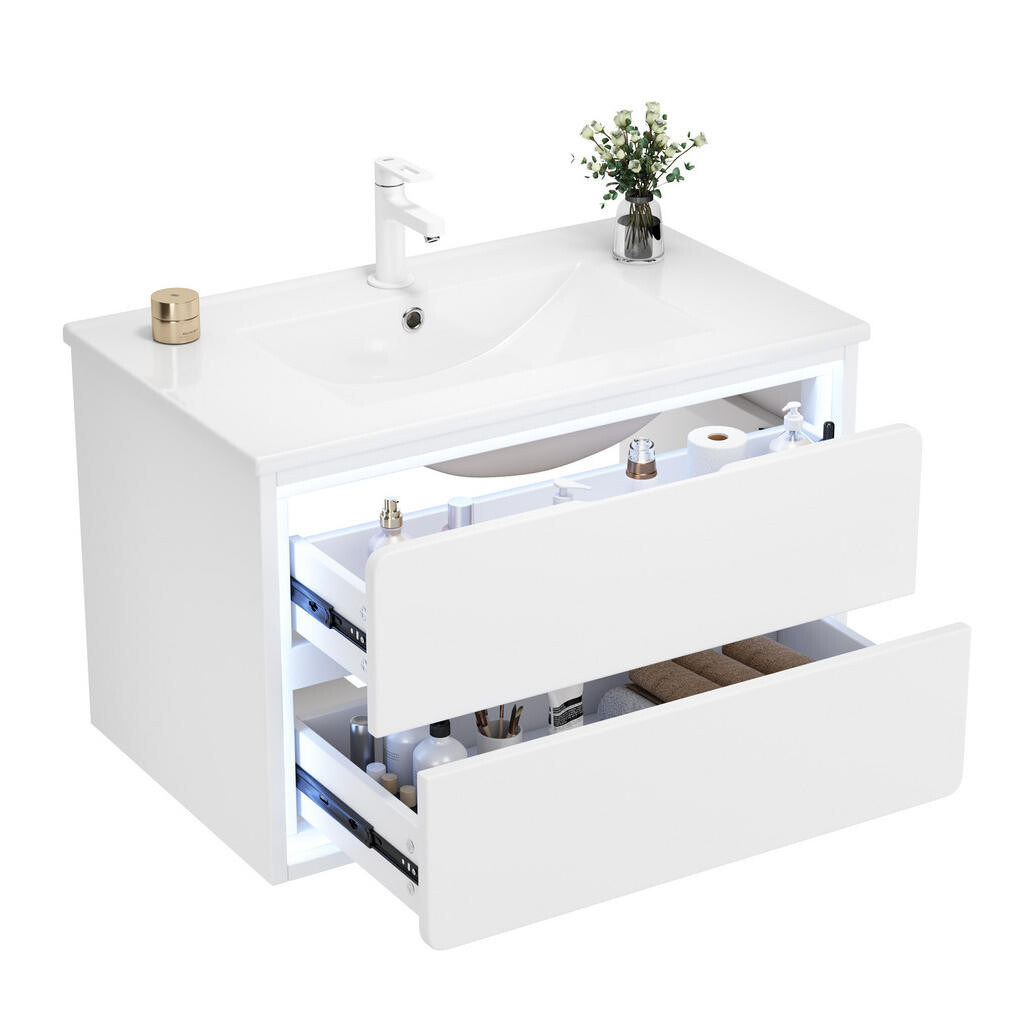 OKWISH KOUPELNOVÁ závěsná skříňka s umyvadlem 76/46/48,5 cm bílá z MDF a keramiky s LED senzorovým osvětlením a dvěma zásuvkami