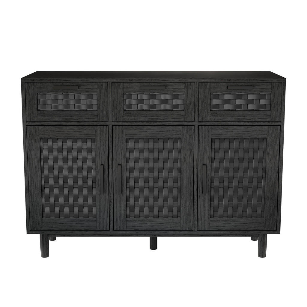 EuroLiving PŘÍBORNÍK BUFFET Masivní dřevo Černá, Bambusové dvířka, 2 zásuvky, 115×40×80 cm