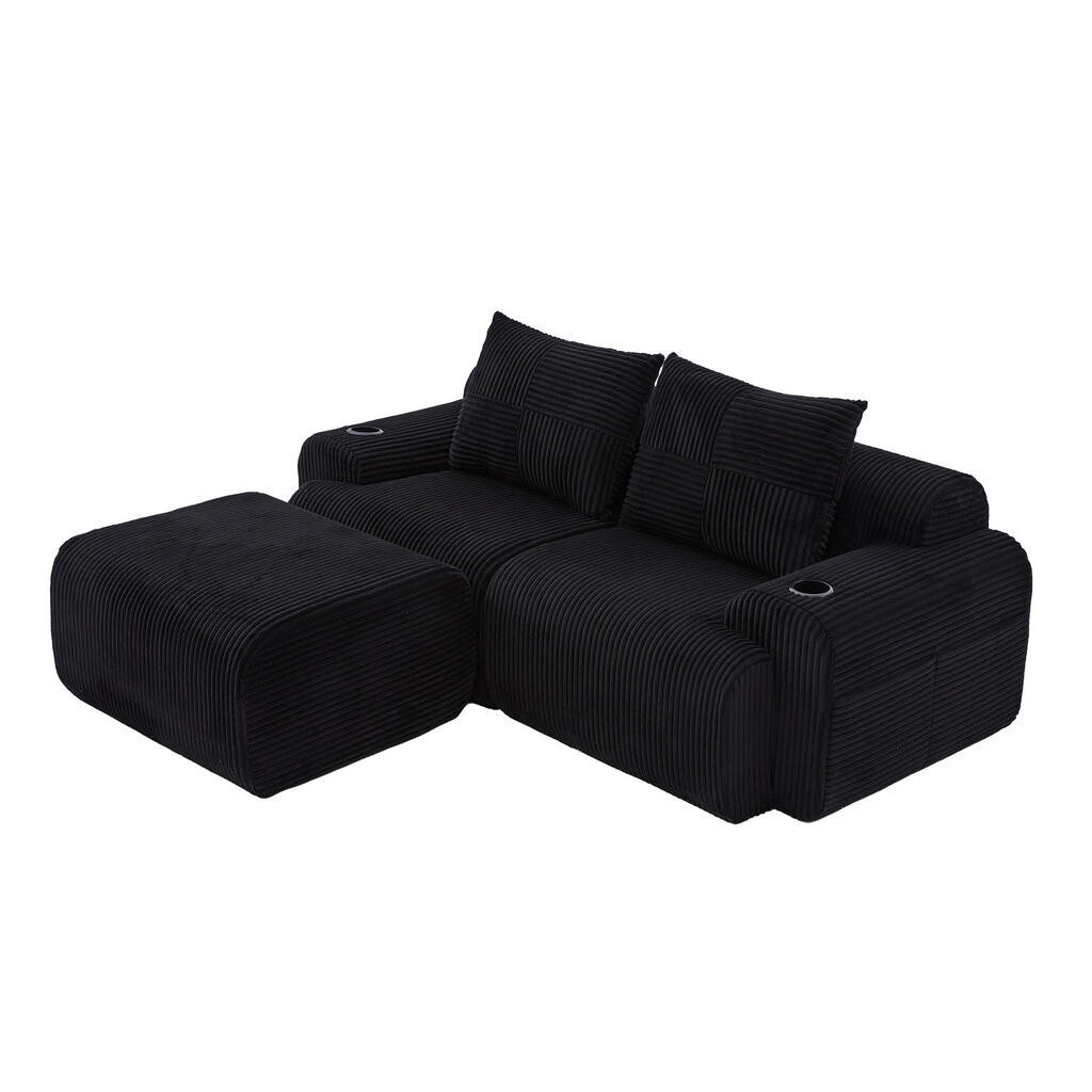 OKWISH SEDACÍ souprava 200/174/80 cm černá z manšestru s držákem nápojů a boční kapsou