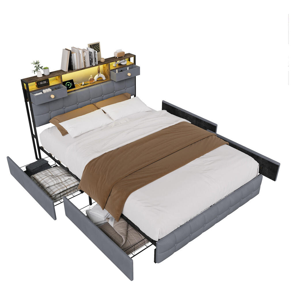 EuroLiving ČALOUNĚNÁ postel 140x200 cm s LED, USB a 4 zásuvkami, šedá