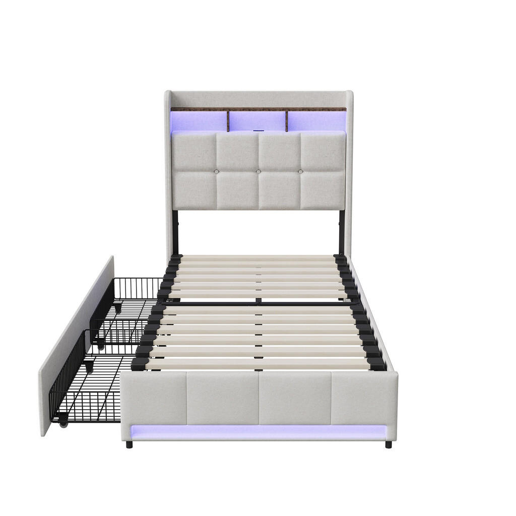 EuroLiving ČALOUNĚNÁ postel 90x200 cm béžová s LED osvětlením, 2 zásuvky, čelo postele s policí a úložným prostorem