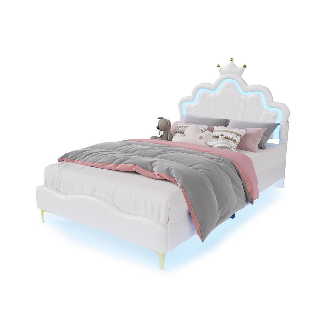 EuroLiving ČALOUNĚNÁ postel 140x190 cm s LED osvětlením, korunou a PU potahem, bílá