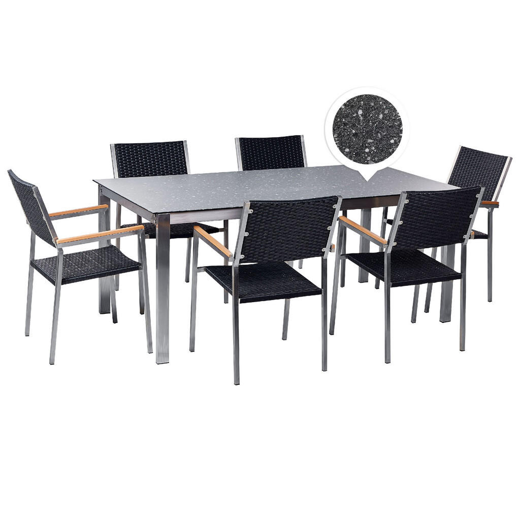 Beliani ZAHRADNÍ NÁBYTEK SADA 6-místná Keramika-sklo Žula Look Ratan černý Cosoleto/Grosseto