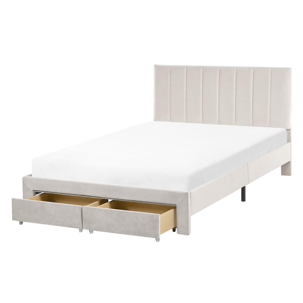 Beliani POSTEL s zásuvkami 120/200 cm Sametová látka Krémově bílá Lonzac