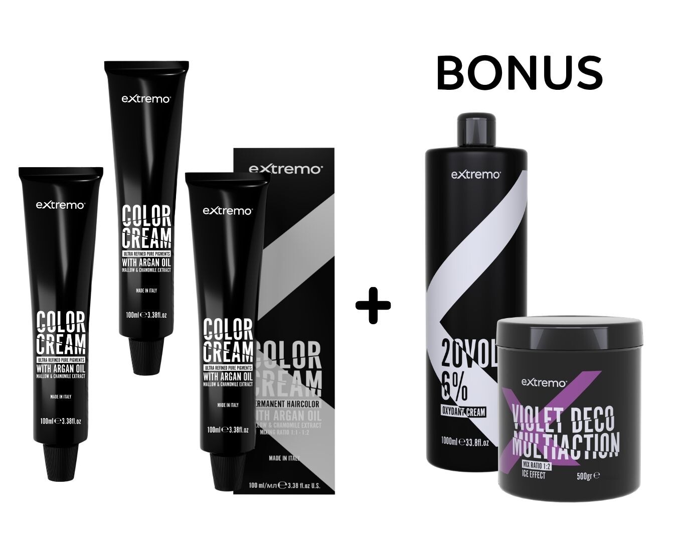 AKCE: 15x Extremo Hair Color - prof. barvy na vlasy s nízkým obsahem amoniaku, 100 ml + oxidant, 1000 ml + zesvětlovací prášek, 500g