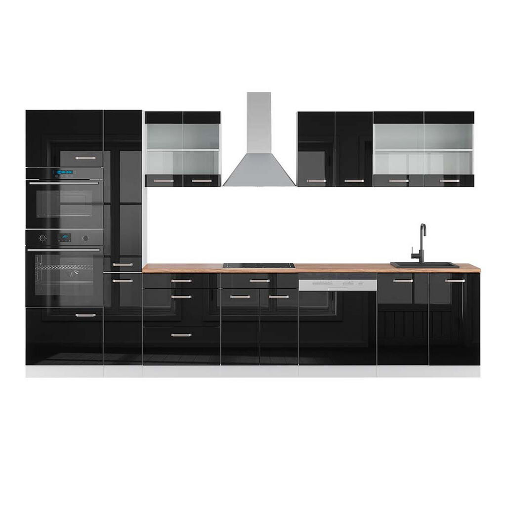 Vicco KUCHYŇSKÝ KOUT R-Line Černý vysoký lesk/bílá 350 cm s vysokou skříní, PD Dub