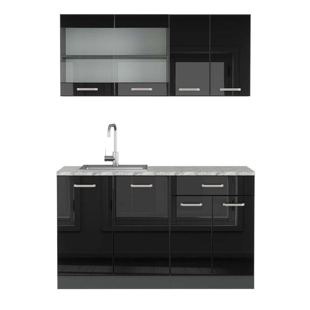 Vicco JEDNOTKOVÁ KUCHYNĚ R-Line Černý vysoký lesk 140 cm , PD Mramor