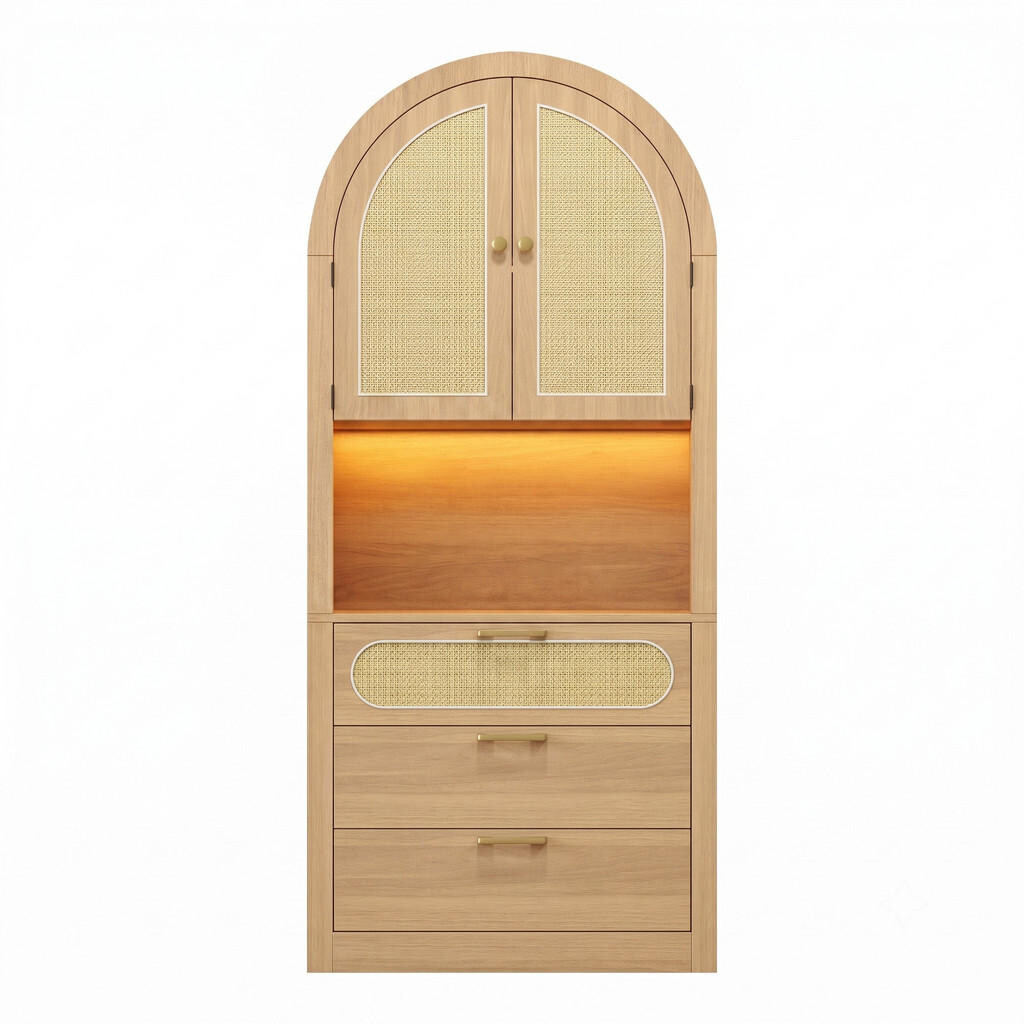 Urban Meuble HIGHBOARD v dekoru světlý dub s ratanovými dvířky, s LED osvětlením a spoustou úložného prostoru