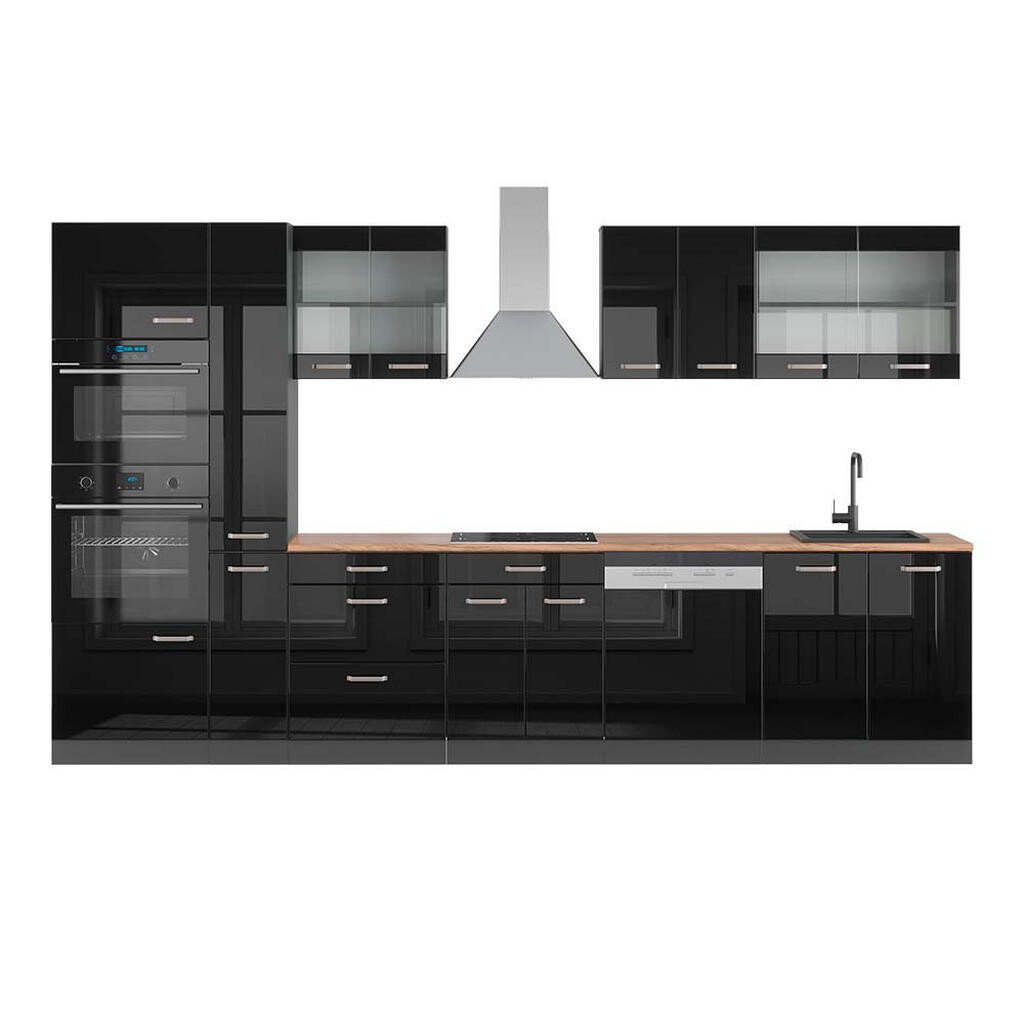 Vicco KUCHYŇSKÁ LINKA R-Line Vysoce lesklá černá/antracitová 350 cm s vysokou skříní, PD Dub