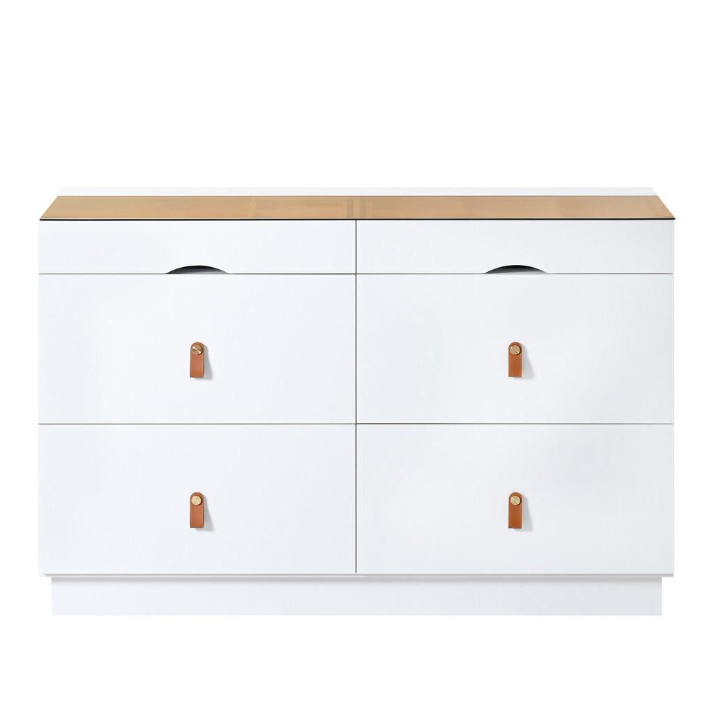 Urban Meuble SIDEBOARD bílý se skleněnou deskou 120 cm, 6 zásuvek a přihrádka na šperky