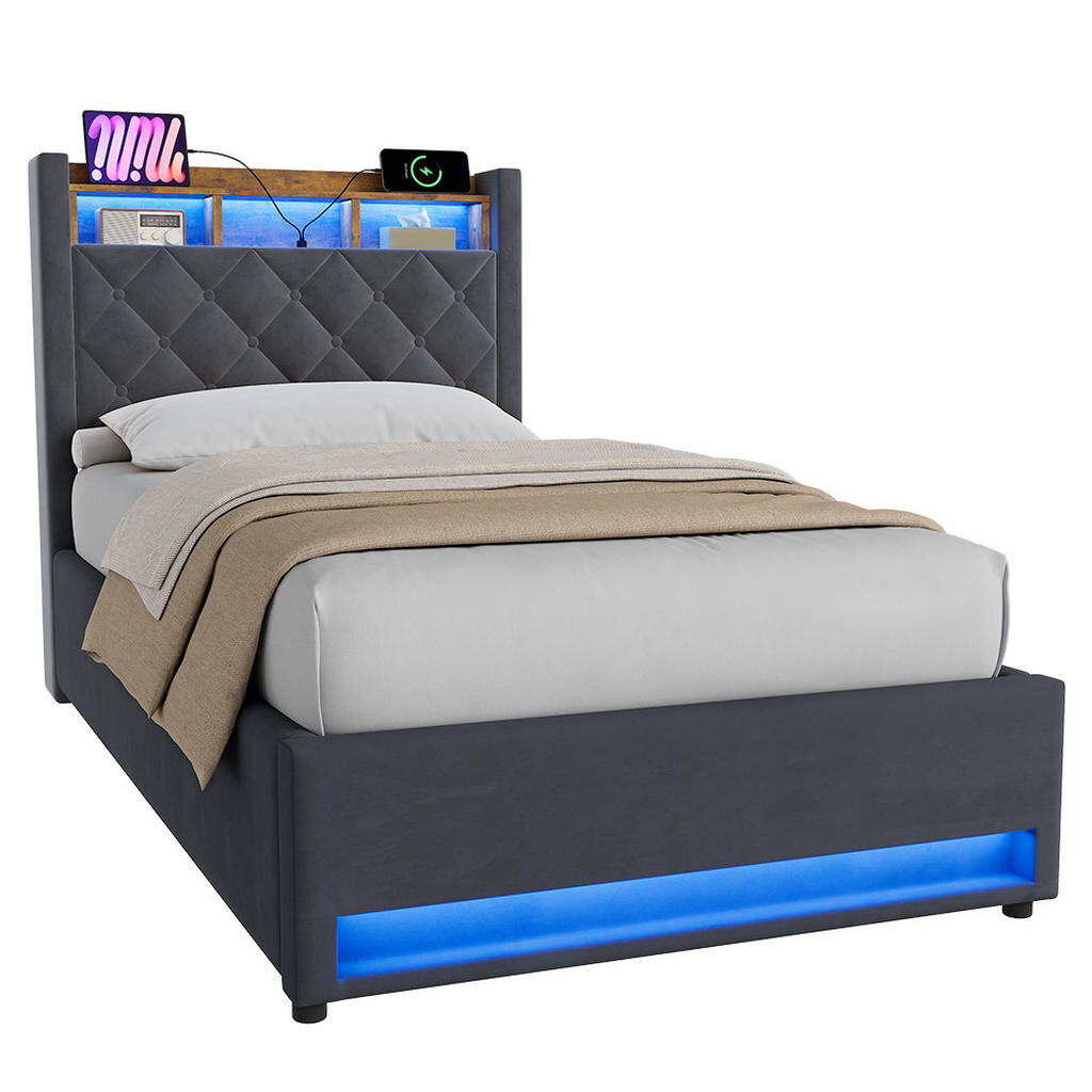 WISHDOR ČALOUNĚNÁ POSTEL 90/190 cm v šedém sametu, s úložným prostorem, USB, LED, bez matrace