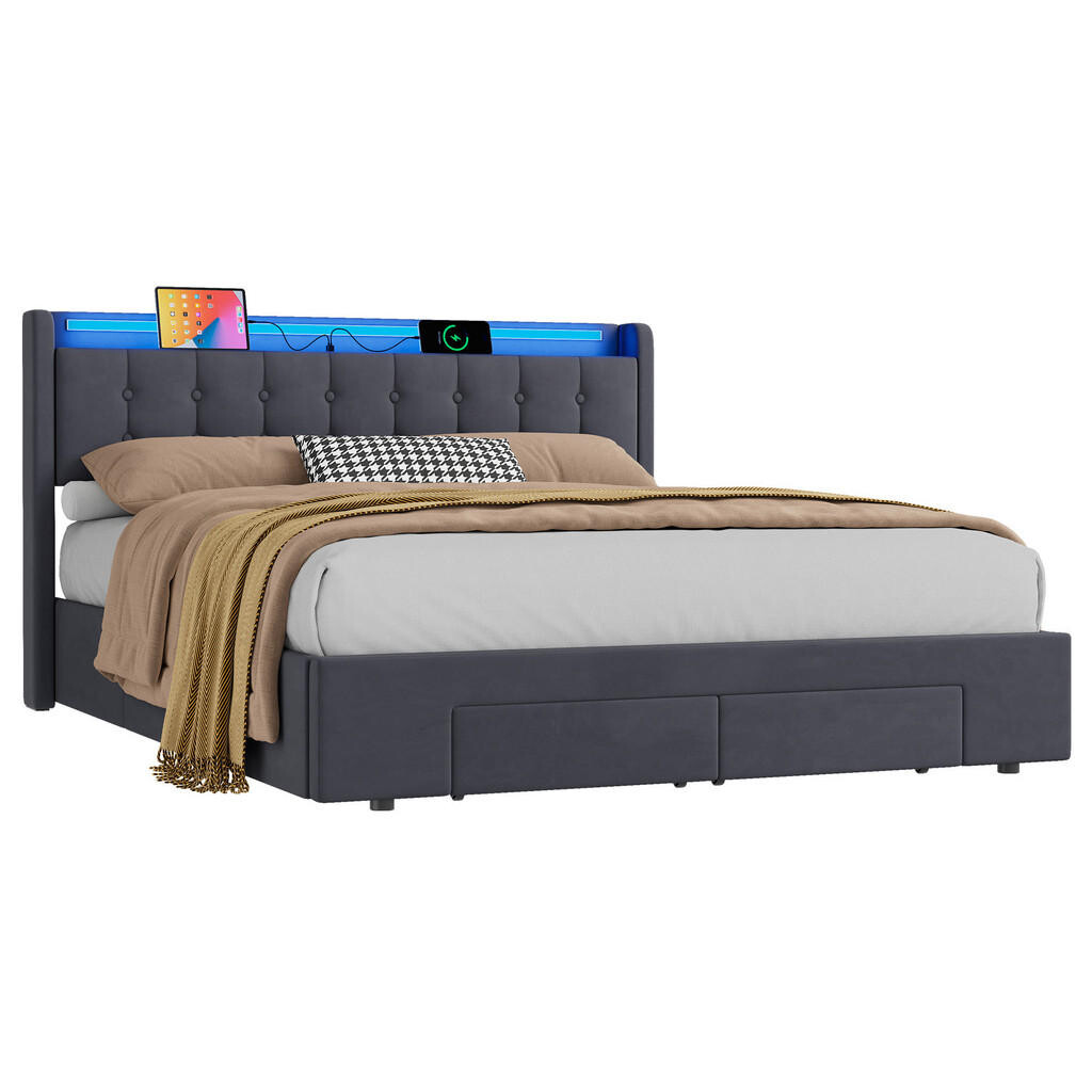 WISHDOR ČALOUNĚNÁ POSTEL 160/200 cm v šedém sametu, s úložným prostorem, USB, LED, zásuvkami a úložným prostorem, bez matrace