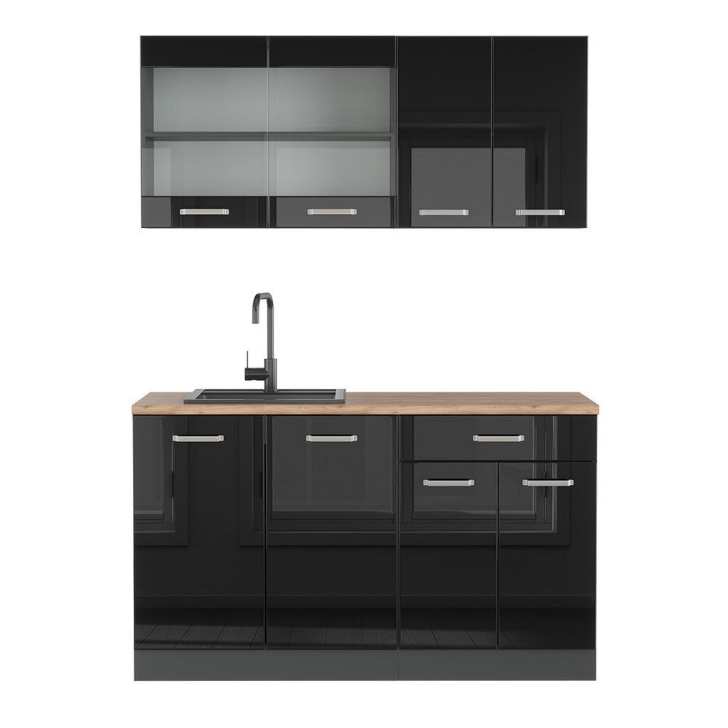 Vicco JEDNOTKOVÁ KUCHYNĚ R-Line Černý vysoký lesk 140 cm , PD Dub