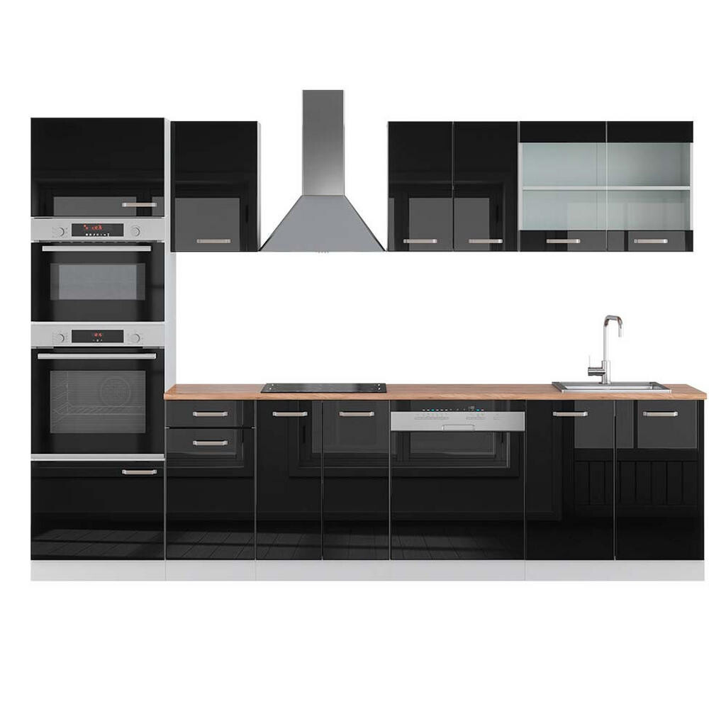 Vicco KUCHYŇSKÝ KOUT R-Line Černý vysoký lesk 300 cm s vysokou skříní, PD Dub
