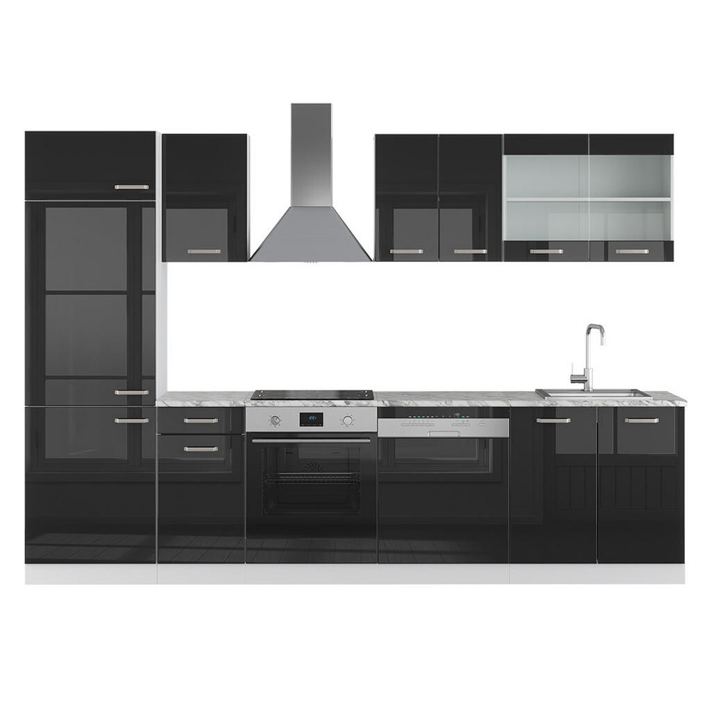 Vicco KUCHYŇSKÝ KOUT R-Line Černý vysoký lesk/bílá 300 cm s pracovní deskou