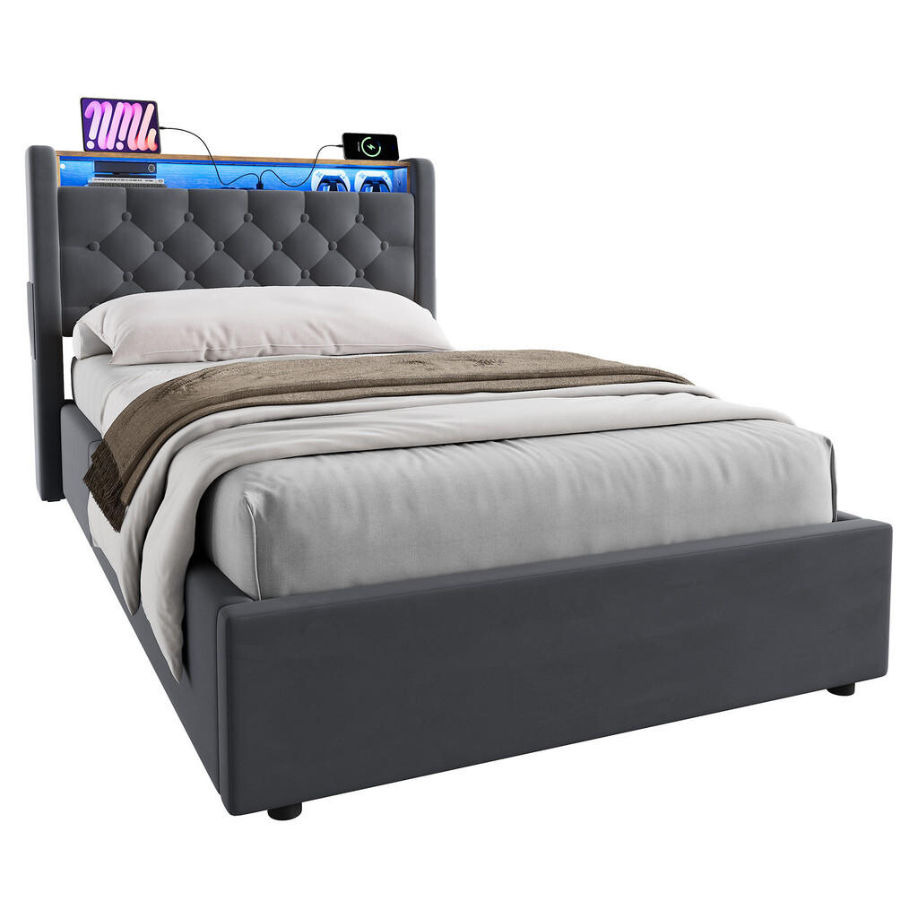 WISHDOR ČALOUNĚNÁ POSTEL 90/200 cm v šedé barvě, s úložným prostorem, LED a USB, bez matrace