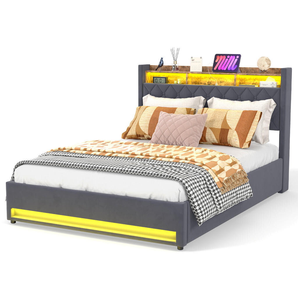 WISHDOR ČALOUNĚNÁ POSTEL 160/200 cm v šedém sametu, s matrací, úložným prostorem, USB a LED