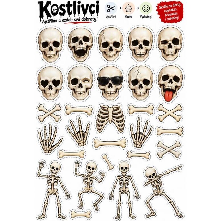 Jedlý papír k vystříhnutí Halloween – kostlivci, lebky a kosti - PICTURE