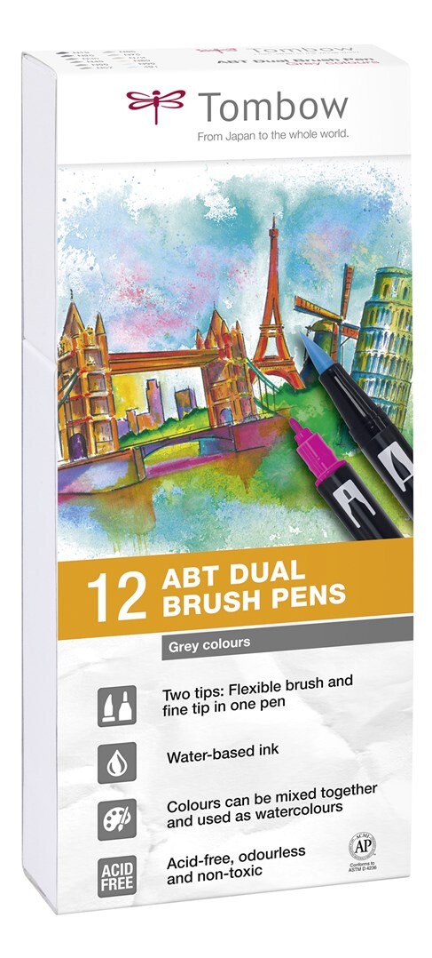 Tombow Tombow, ABT-12P-3, ABT Dual Brush pen, oboustranné popisovače, Grey tone, 12 ks