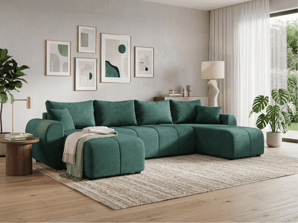 Rozkládací oboustranná sedací souprava do U SEVIO 311x145 cm, lahvově zelená + 2 polštářky ZDARMA