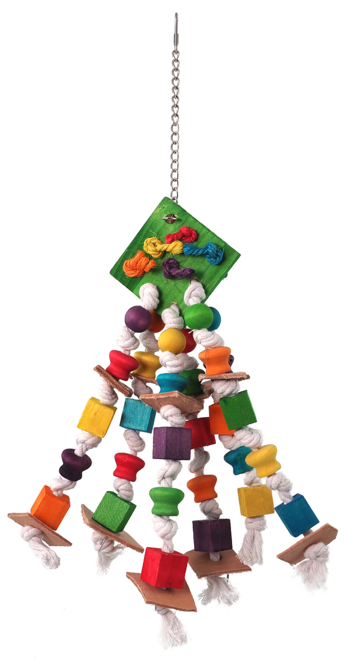 Hračka Bird Jewel závěsná s provazy a dřívky se stříškou barevná 50x13cm