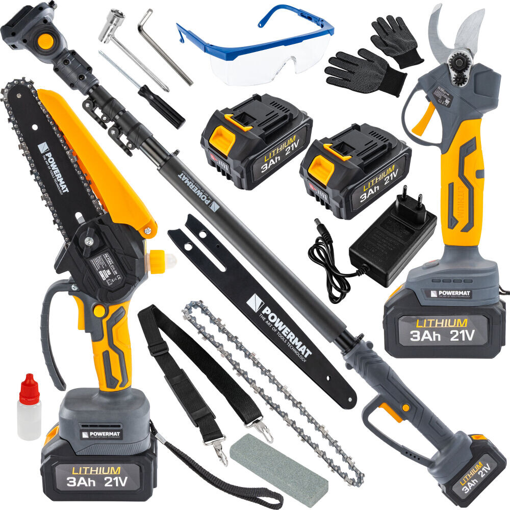 Aku zahradní set 3v1 POWERMAT PM-PSWA-21V-3M, pila, nůžky a teleskopická tyč, 21 V
