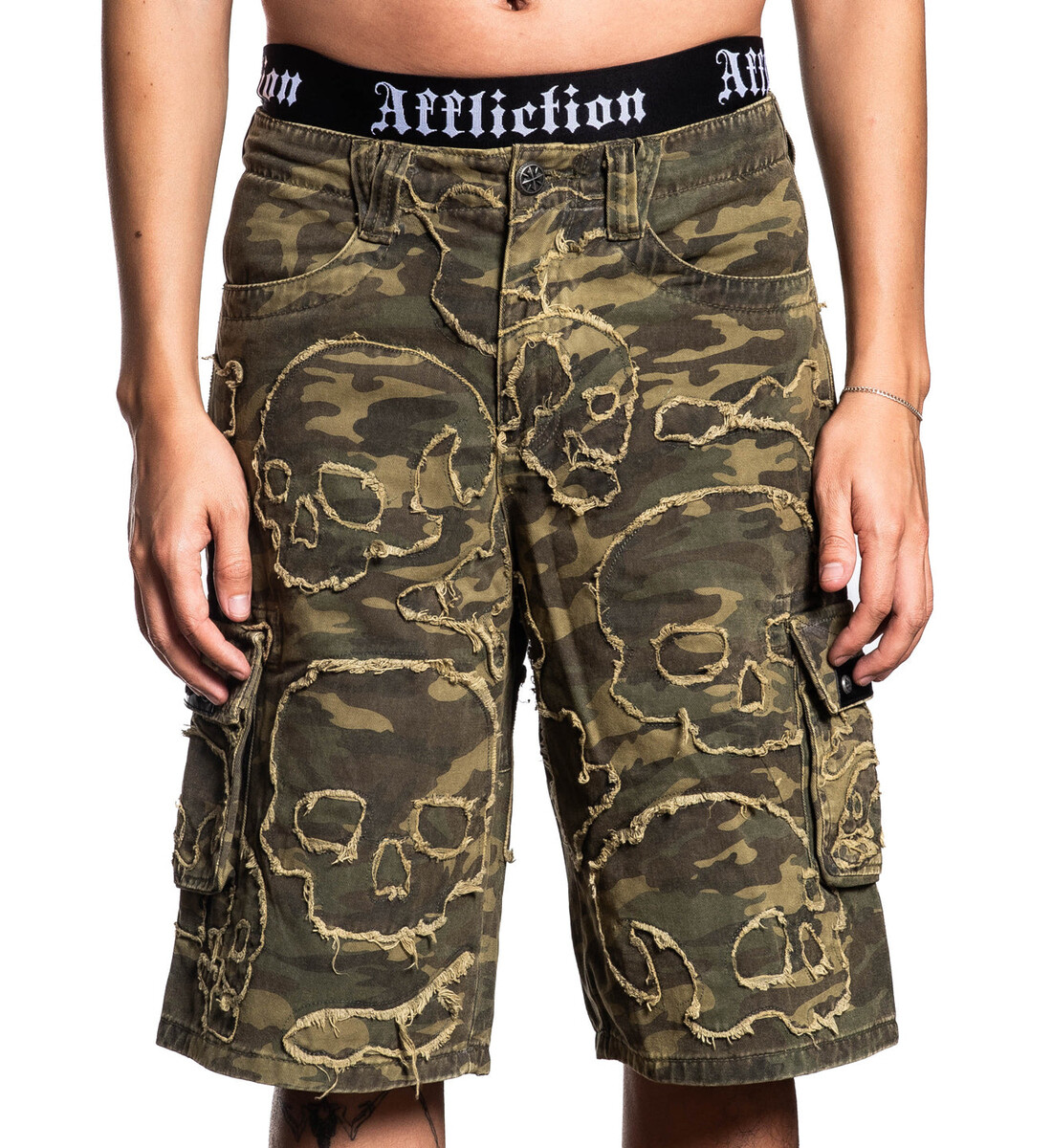 pánské maskáčové kraťasy kapsáče AFFLICTION - SKULL CAMO - zelené 28