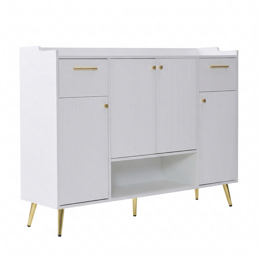 Urban Meuble BOTNÍK NA BOTY 130 cm bílý se 2 zásuvkami, 4 dvířky a kovovými nohami