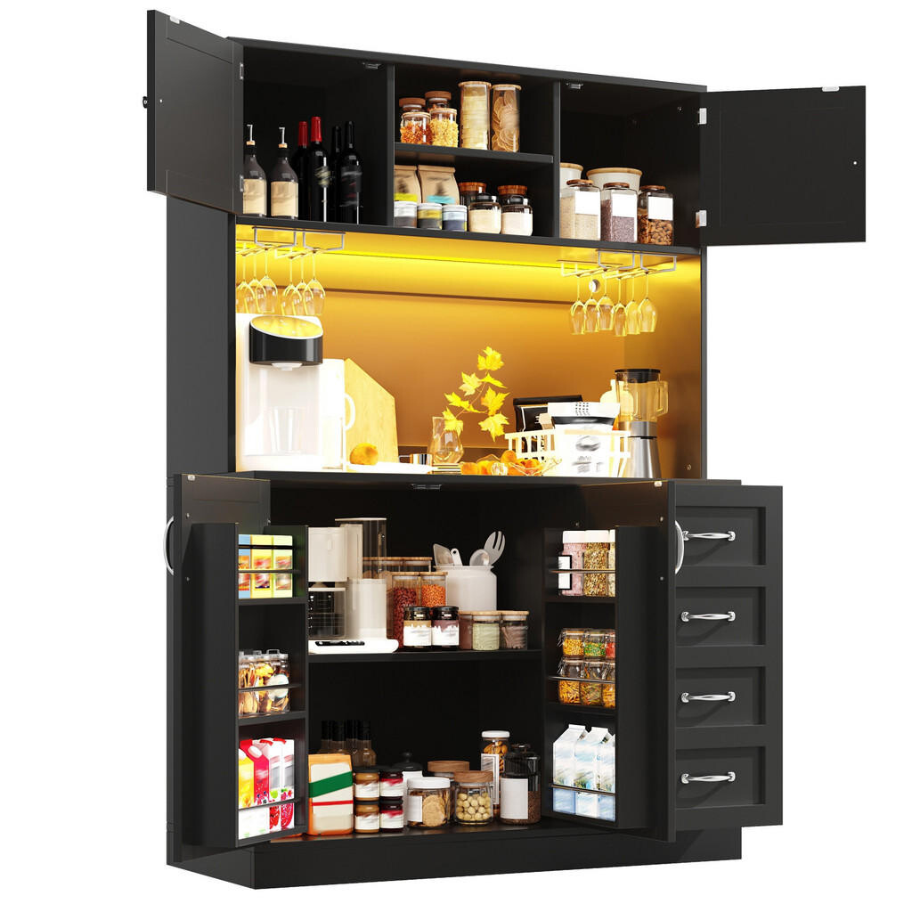 Redom BUFFET 120/40/188 cm s LED osvětlením, 4 dvířky a 2 zásuvkami, prostorný úložný prostor, Černá