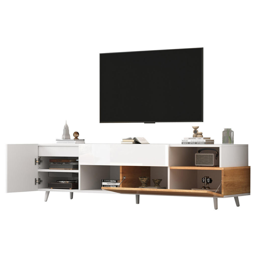 Redom TV stolek 180/38/50 cm s vysokým leskem, zásuvkou a více úložnými prostory, Bílá/přírodní