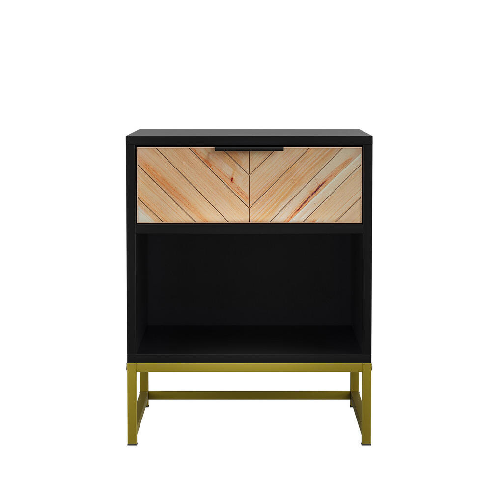 Modfu NOČNÍ stolek z MDF 43x40x55 cm černá/přírodní s zásuvkou a otevřenou policí, stabilní kovové nohy