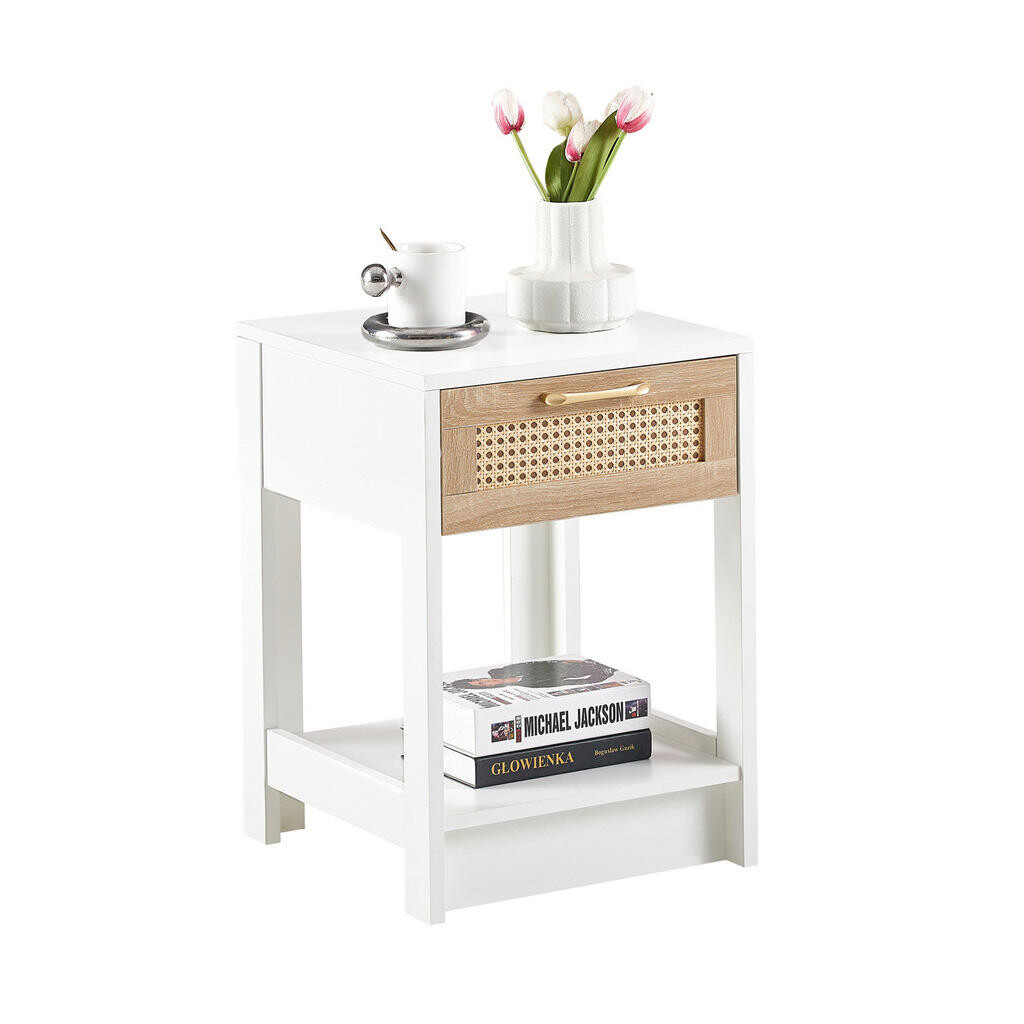 Modfu NOČNÍ stolek z MDF 40x55x40 cm přírodní/bílý se zásuvkou a ratanovým dekorem
