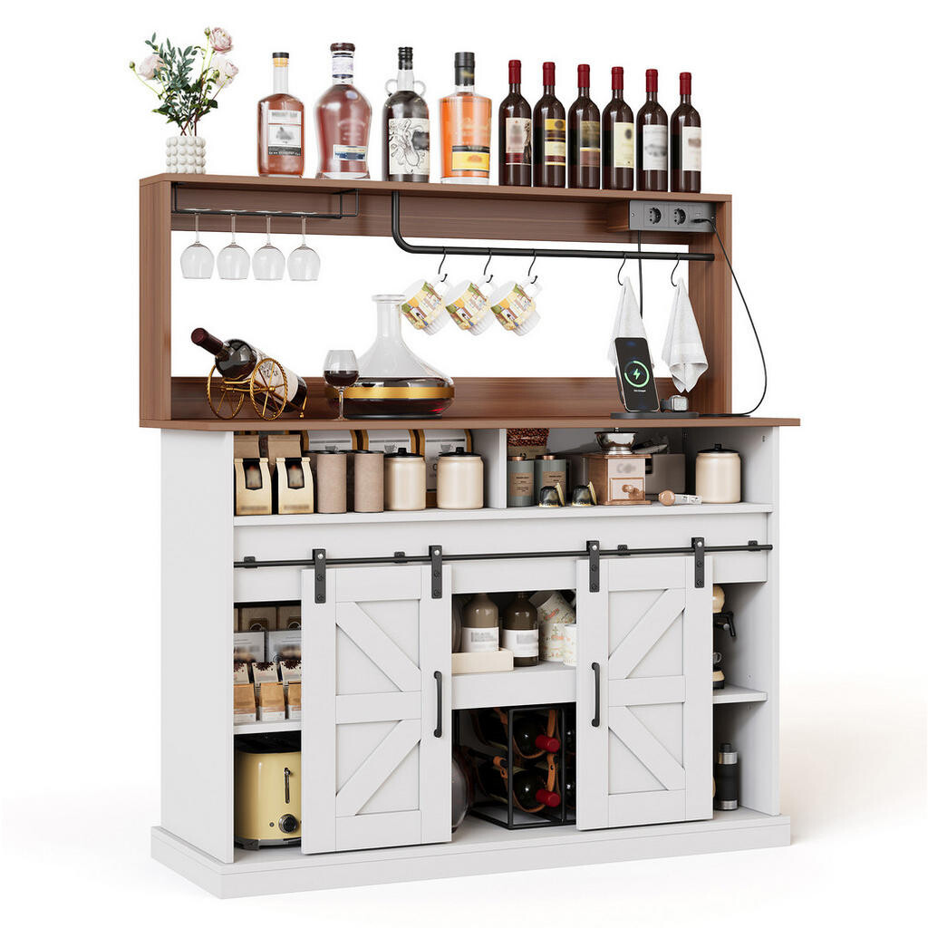 Redom KUCHYŇSKÁ komoda 120/40/130 cm s posuvnými dveřmi, držákem na sklenice a elektrickými zásuvkami z MDF, Bílá/přírodní