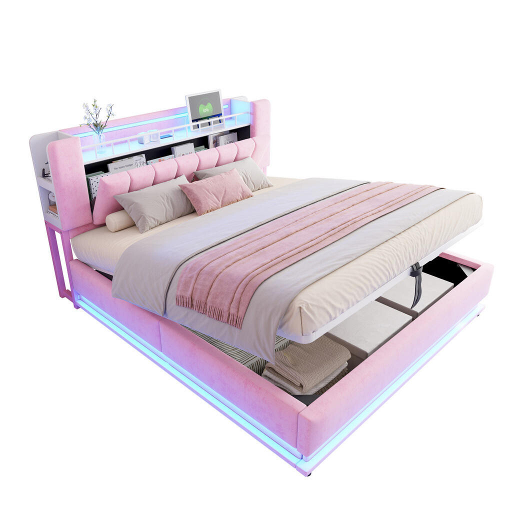 Redom ČALOUNĚNÁ postel 180/200 cm s LED osvětlením, USB porty a hydraulickým úložným prostorem, Růžová