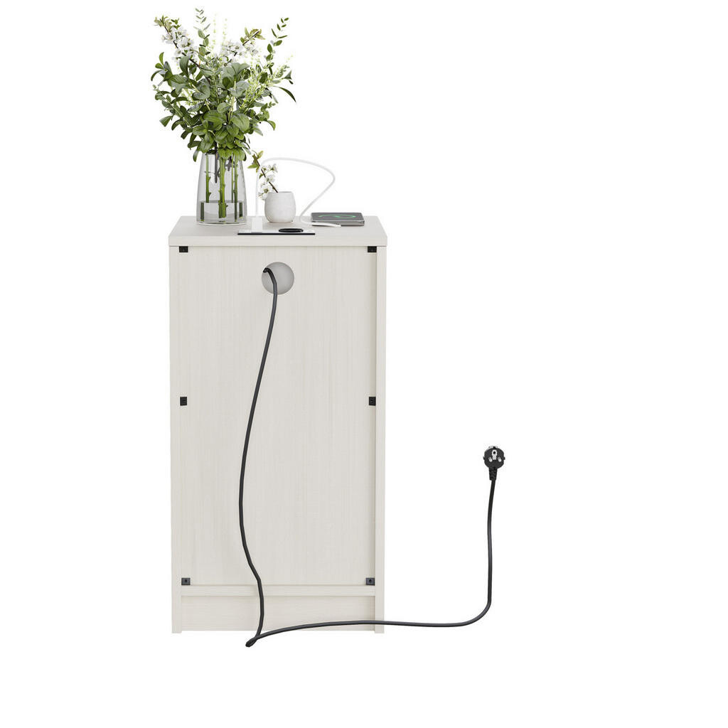 Modfu NOČNÍ stolek z MDF 40x33x61.5 cm bílý s USB nabíjením, elektrickou zásuvkou a úložnou zásuvkou, včetně koše