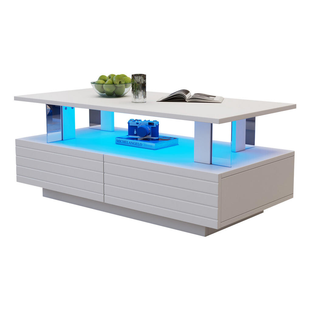 Modfu KONFERENČNÍ stolek z akrylu 100x50x42 cm bílý s LED osvětlením, 2 zásuvkami a úložnou policí